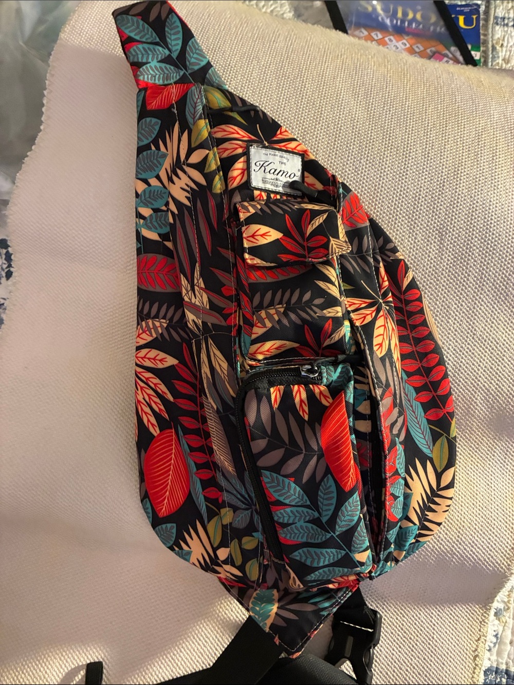 KAMO Tropical Leaf Print Crossbody Sling Bag - Black/Multi